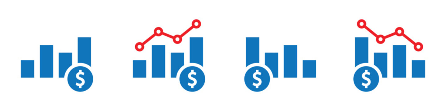 Financial growth icons depicting increasing and decreasing profits with bar graphs and dollar signs