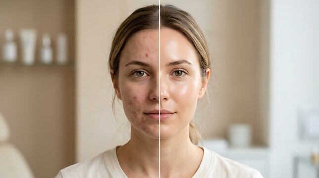 Split Image: Young Woman's Face with Acne Before and Clear, Healthy Skin After Skincare Treatment for Dermatology Results
