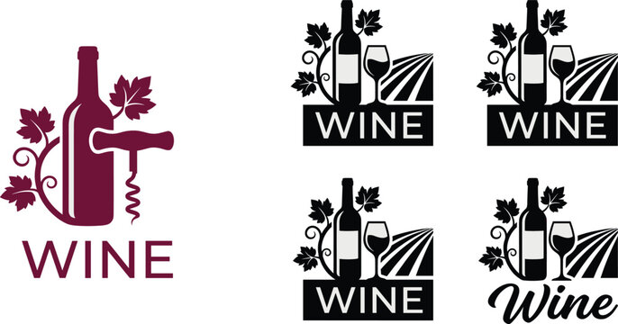 Elegant Wine Logo Template Set Featuring Bottles Corkscrew Grape Leaves and Vineyard Elements for Winery Branding in image_617ea.png