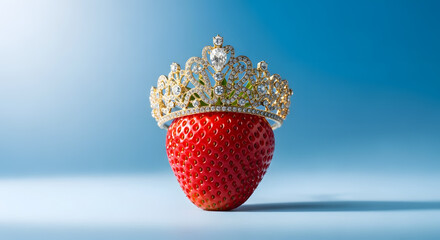 Fresh strawberry dessert topped with whipped cream on bright blue background