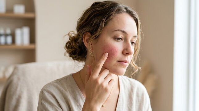 Young woman concerned about red skin rash or rosacea on her cheek, touching inflamed facial skin