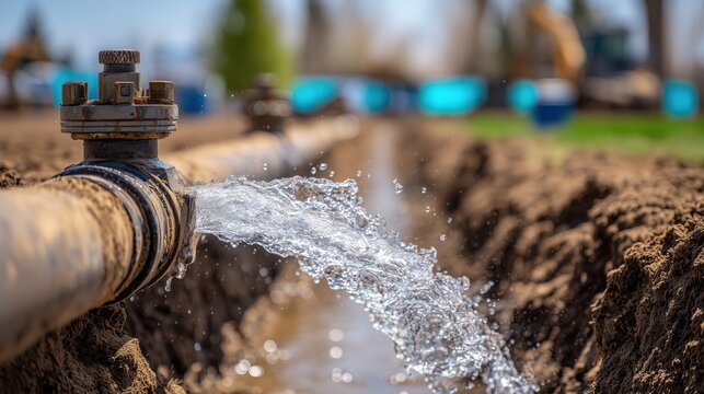 Leaking water pipeline in an excavation trench, highlighting infrastructure failure, utility maintenance, water loss, pipe damage, repair work and municipal services