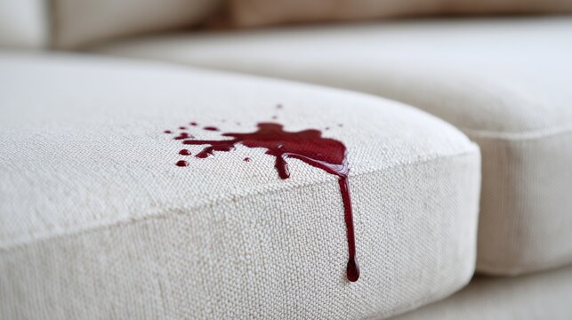 Red wine spill on a light fabric sofa, highlighting household accidents, stubborn stains, upholstery cleaning, fabric care and home maintenance challenges