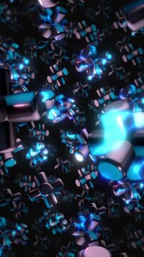 A background of spinning 3D dark chrome style electric style shapes on an endless loop.
