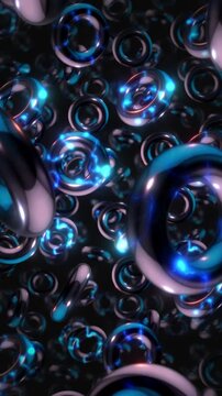 A background of spinning 3D dark chrome style electric style shapes on an endless loop.
