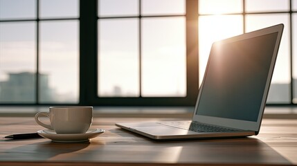 Fototapeta premium Sunlit desk with laptop and coffee cup, overlooking city through window