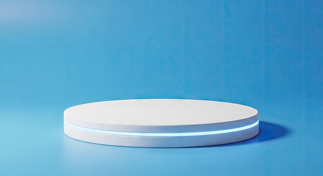 White circular podium with glowing blue light base.