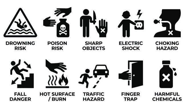Domestic Hazard Awareness and Child Safety Silhouette Icons