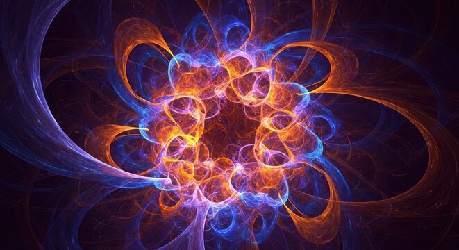 Vibrant fractal flame abstract pattern with orange and blue.