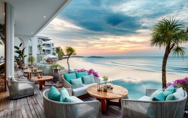 Fototapeta premium Elegant Oceanfront Lounge with Infinity View at Sunset, Showcasing Luxurious Comfort and Relaxation