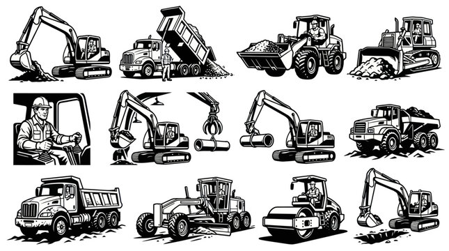 Heavy Construction Vehicles and Equipment Engraving Style Illustration