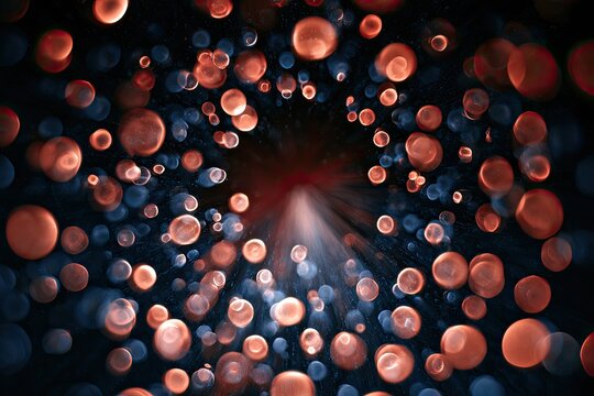 Cosmic bloodstream vortex with glowing spheres against dark background