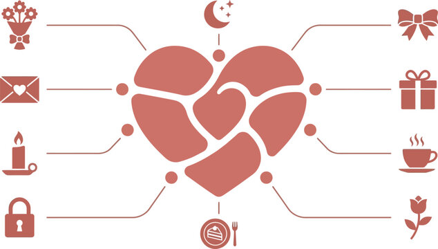 Heart symbol acts as a central hub connected to various romantic icons representing love and celebration.