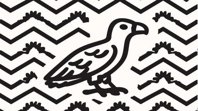 Black and white illustration of a bird over a geometric zig zag pattern