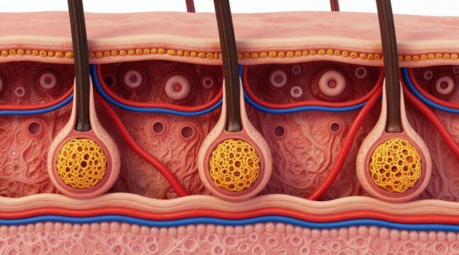 Detailed cross section of human skin shows hair follicles sebaceous glands and blood vessels. Microscopic view reveals hair growth cycle and skin structure biology.