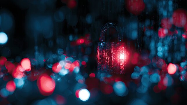 Digital padlock glows red amidst blurred blue and red bokeh lights