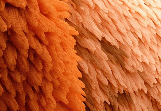 Macro view of layered, textured fabric with swirling patterns of orange and peach
