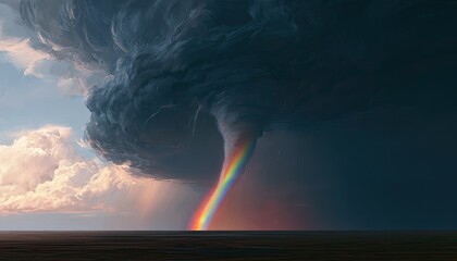 Fototapeta premium A powerful, swirling vortex of dark clouds with a vibrant rainbow emerges