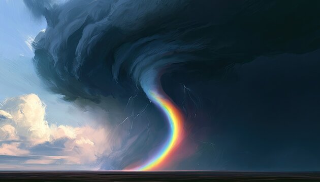 Swirling dark storm cloud forms a funnel vortex with a vibrant rainbow against a bright sky