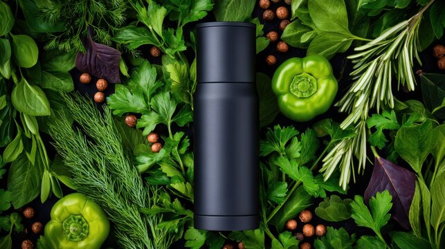 A sleek black container surrounded by an array of fresh green herbs and vegetables on a dark surface