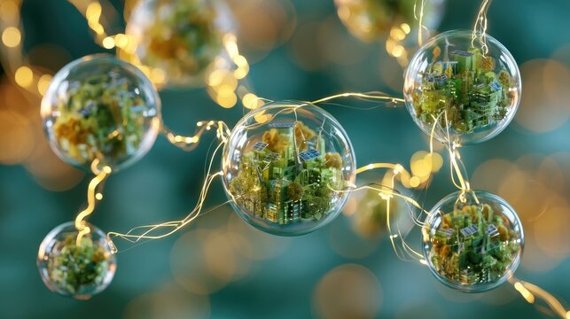 Miniature biomes in connected glass spheres, illuminated by golden light