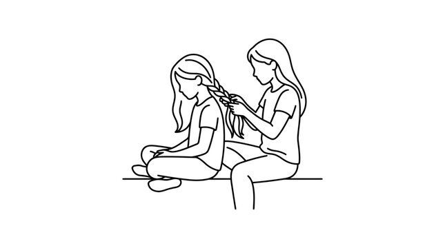 Sister braiding hair, childhood friendship, simple line art illustration