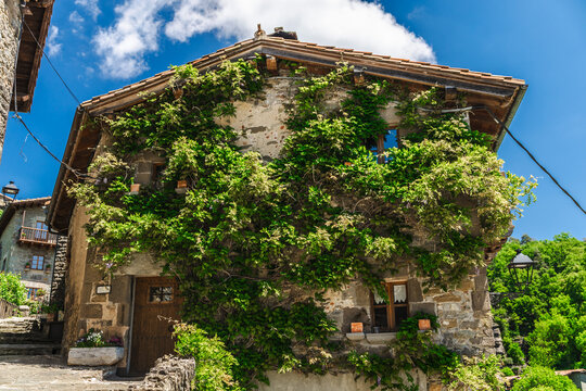 Historic stone house covered with lush climbing plants in medieval village of Rupit, Catalonia, Spain