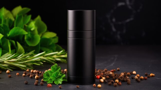 A sleek black container surrounded by herbs and spices on a dark surface