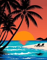 Fototapeta premium A tropical beach scene at sunset, rendered in a flat, illustrative vector art style. Silhouetted palm trees dominate the left side of the frame