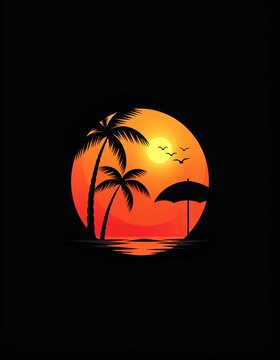 A stylized illustration of a tropical beach scene at sunset, enclosed within a large black circle. Silhouetted against a vibrant gradient