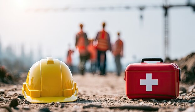 Yellow hard hat and red first aid kit on dusty ground