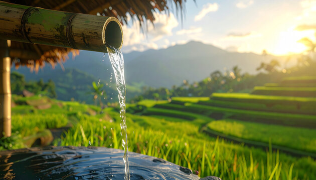 Clear water flows from bamboo spout over landscape with vibrant green terraces