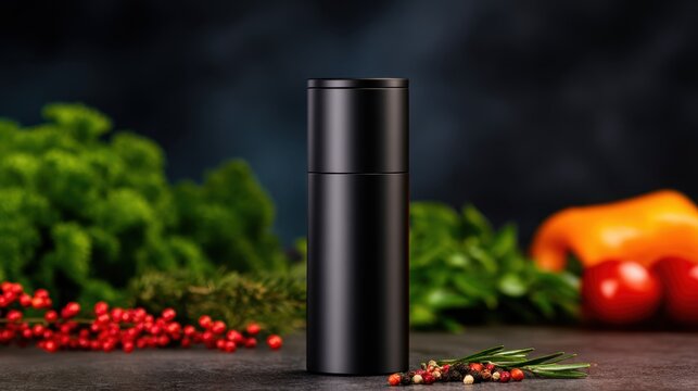 A sleek black container stands prominently against a backdrop of colorful vegetables and herbs