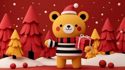 Naklejka premium Charming Teddy Bear Holding Christmas Gift Beside Snowy Trees with Festive Red Background