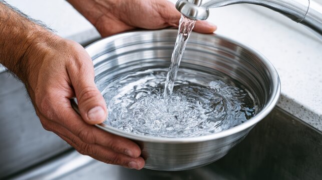 Hands hold bowl under running faucet filling it with clear water