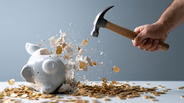 Hammer smashing piggy bank, breaking apart with coins and fragments flying