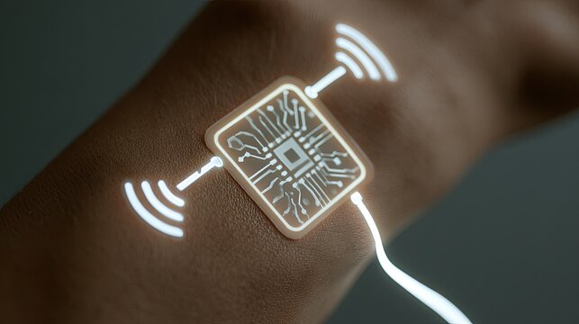 Futuristic glowing microchip tattoo transmitting data signals on human skin