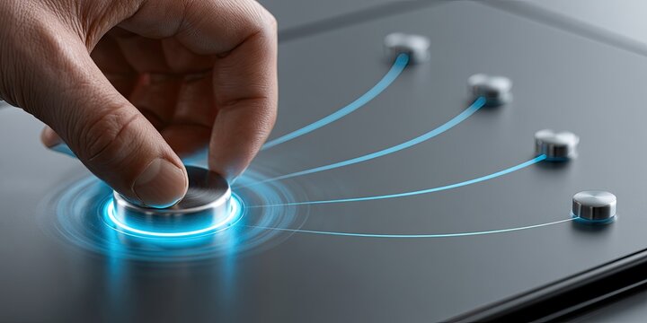 Hand adjusting a glowing dial, with light trails connecting to other knobs