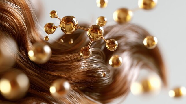 Golden molecular spheres float near luxurious brown hair strands
