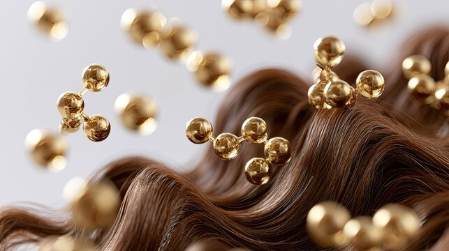 Golden molecular structures float around flowing brown hair strands