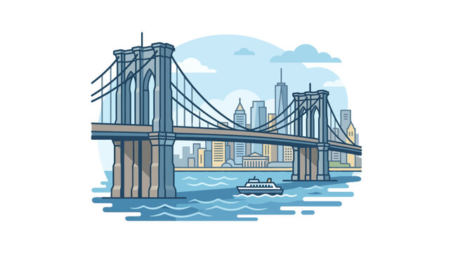 Brooklyn Bridge, New York City Skyline, Ferry Boat, Urban Landscape Illustration