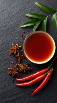 A bowl of dark tea surrounded by spices, including red chilies and star anise on a dark slate surface