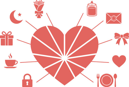 Heart diagram segmented into triangles connects to diverse romantic lifestyle icons on a clean background.