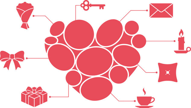 Heart shape comprised of circles acts as a central hub for various romantic gifts and lifestyle symbols.