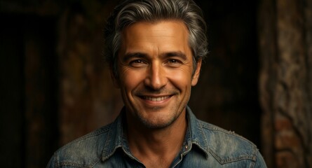 Fototapeta premium Mature man with graying hair smiling confidently in studio, denim shirt, warm lighting resilience and timeless appeal.