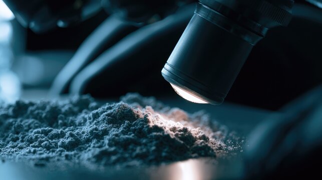 Extreme close-up of a microscope lens illuminating a pile of fine powder
