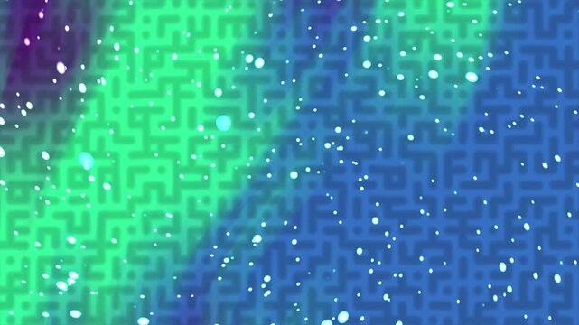 Abstract digital background featuring a glowing neon maze pattern with floating particles.