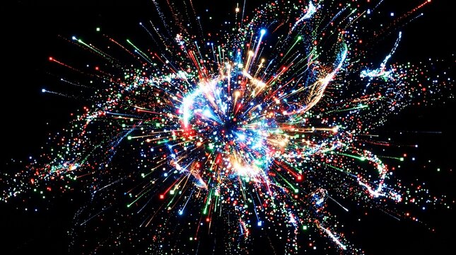 A vibrant abstract particle explosion featuring glowing OLED neon colors and dynamic bursts of light against a solid black backdrop. This high-energy digital background is perfect for creative designe