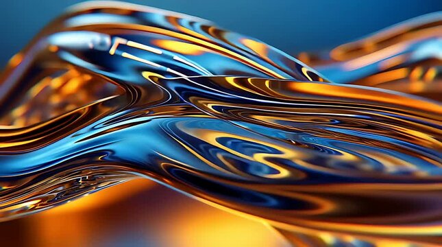 Abstract background featuring flowing liquid shapes in blue and gold colors.