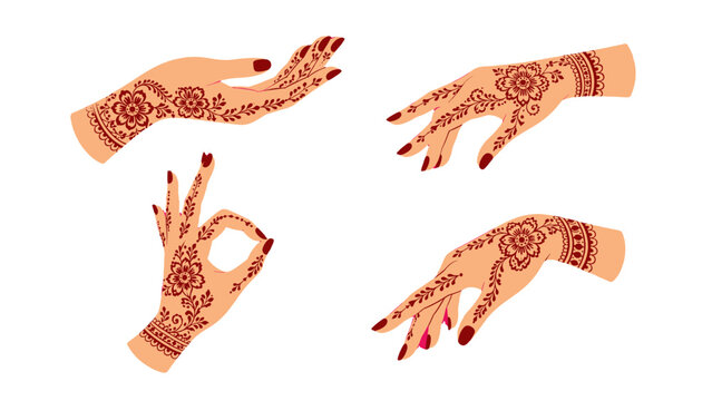 Set of decorated hands with floral henna patterns